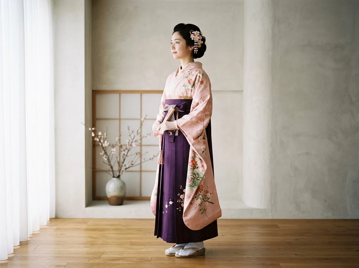 Modelo luciendo Kimono tradicional y Hakama japonés MIYORA